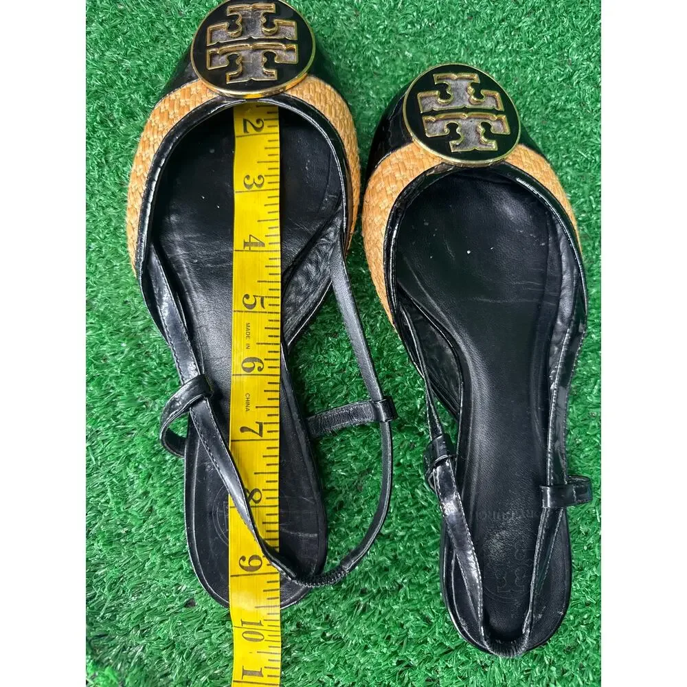 Tory Burch Randy Slingback Flats Black Patent Straw Logo Women’s Size 7